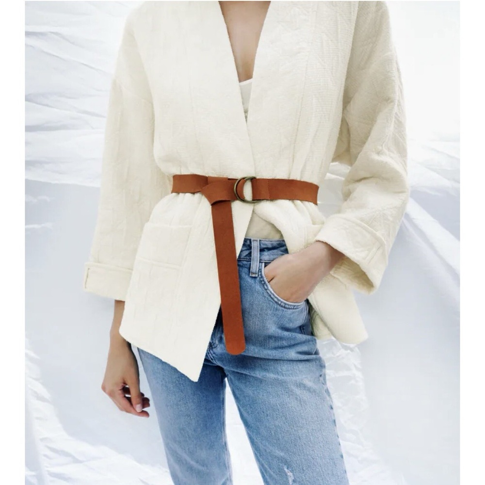 Zara Ecru Puffer Quilted Jacket with Brown Belt